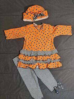 Girls Orange Polka Dot Ruffle Halloween Matching Set with Striped Leggings